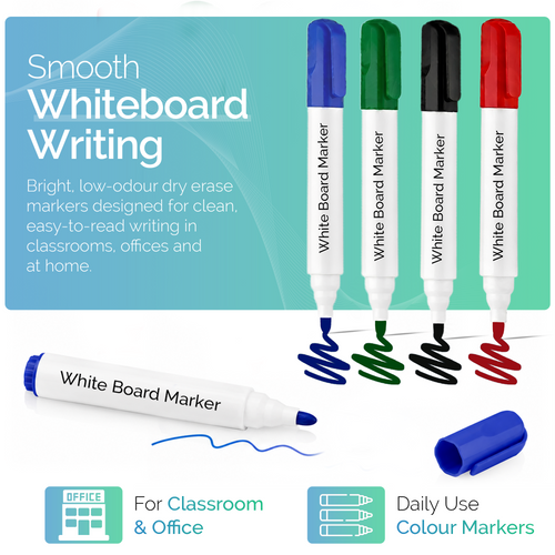 Pack of 10 whiteboard marker pens with bullet tips in blue, green, black, and red