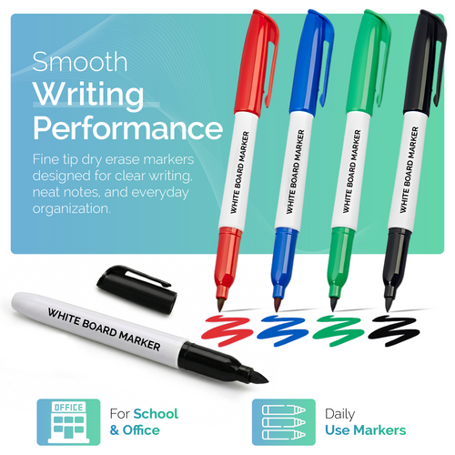 Pack of whiteboard dry erase markers in red, blue, green, and black, with caps.