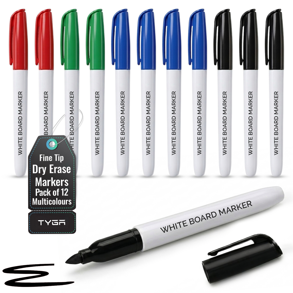Dry Wipe Whiteboard Markers, 3mm Fine Tip, Pack of 12