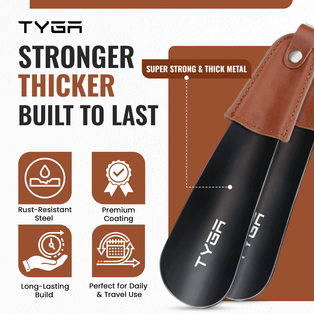 Short Metal Shoe Horn with Leather Strap, 17cm