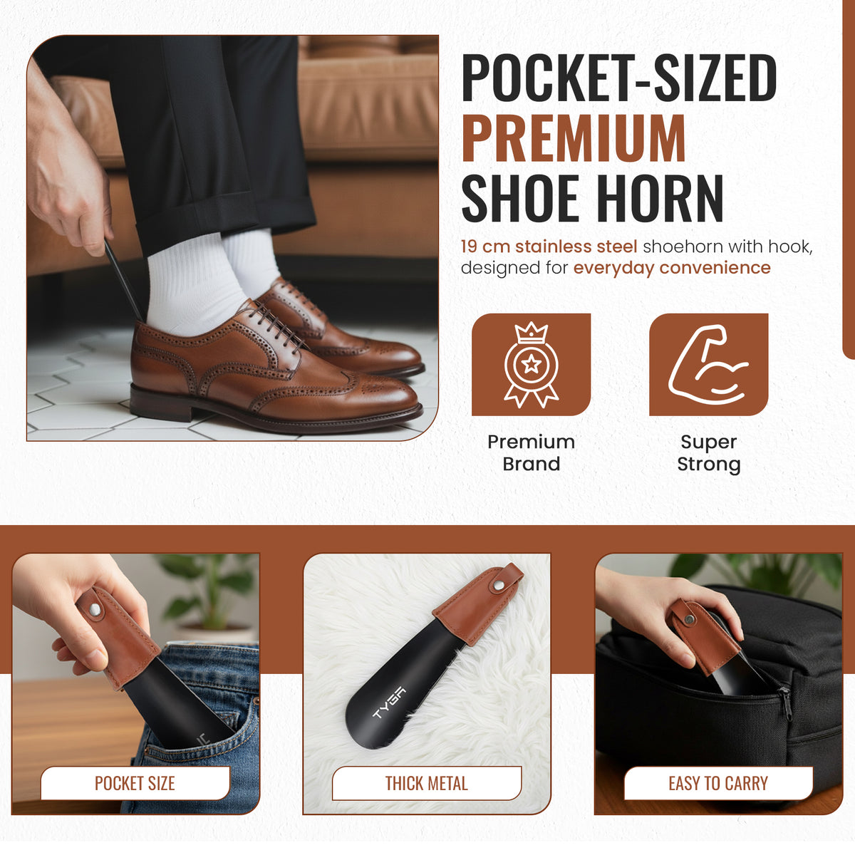 Short Metal Shoe Horn with Leather Strap, 17cm