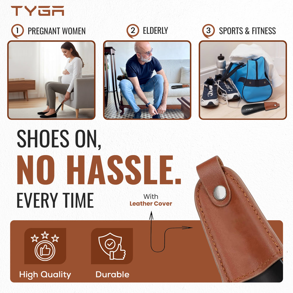 Short Metal Shoe Horn with Leather Strap, 17cm