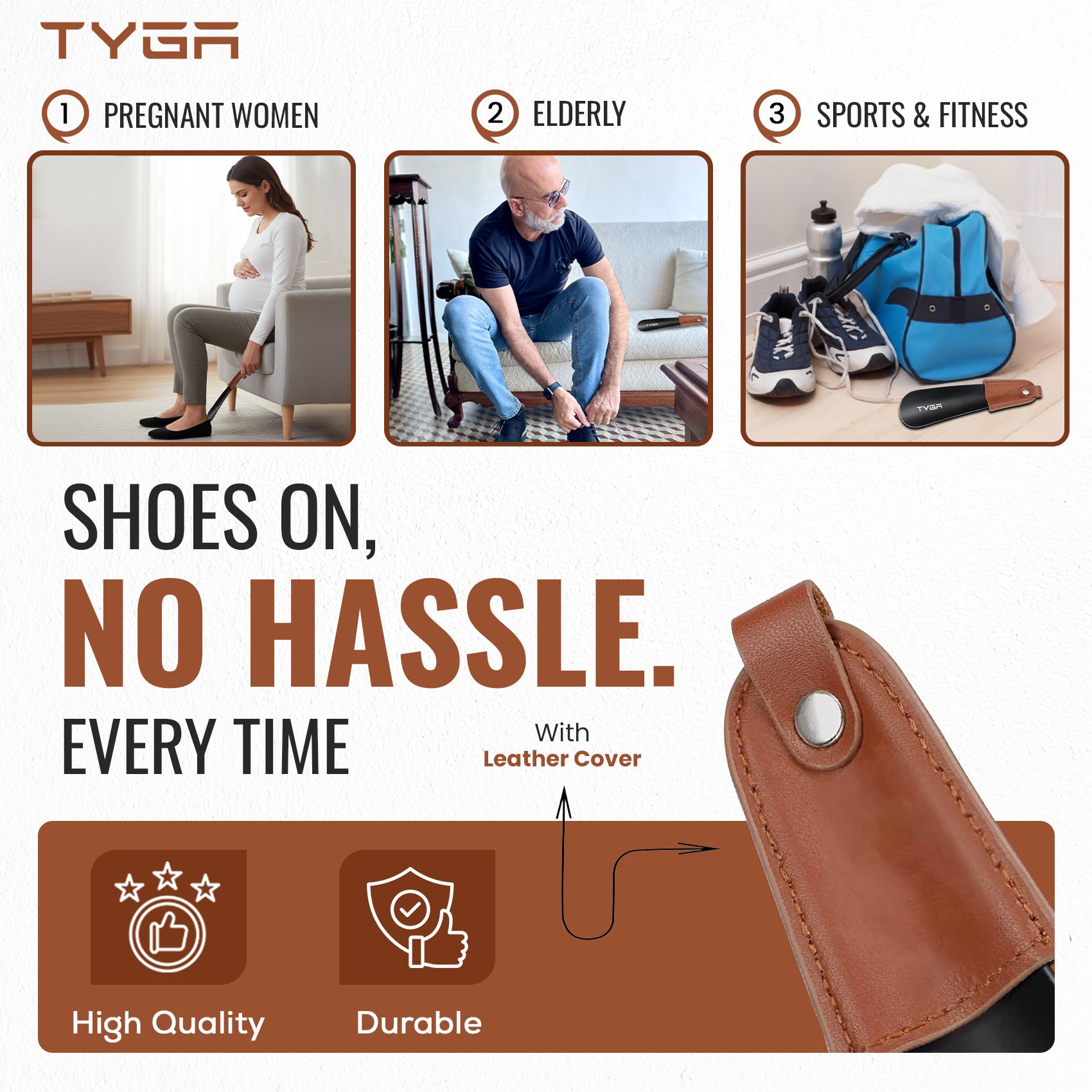 Short Metal Shoe Horn with Leather Strap, 17cm
