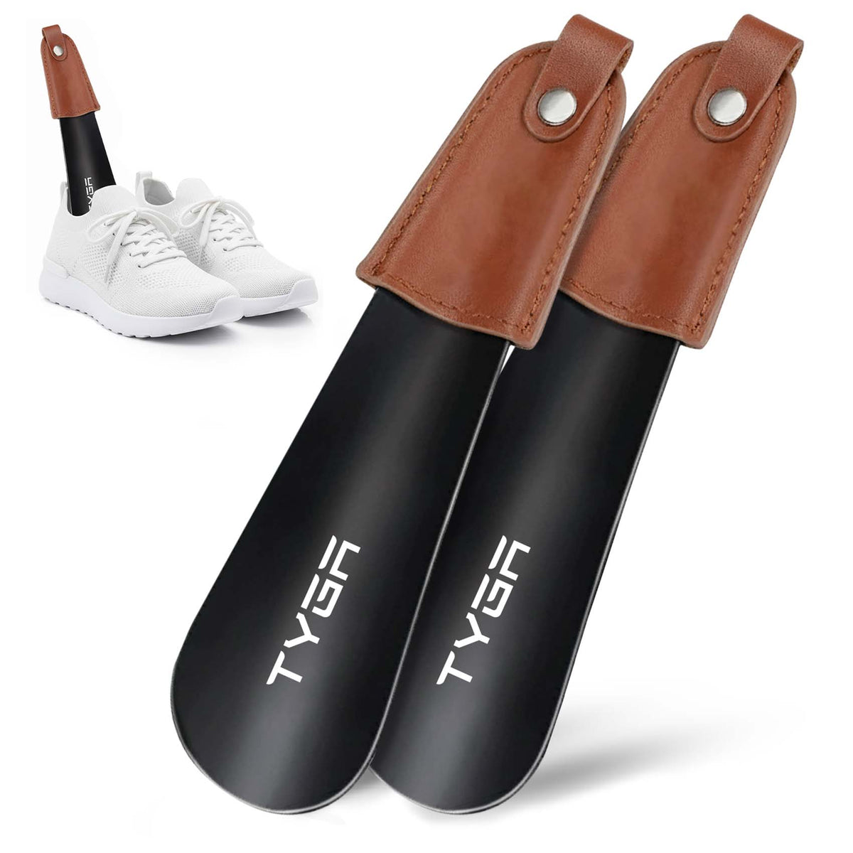 Short Metal Shoe Horn with Leather Strap, 17cm