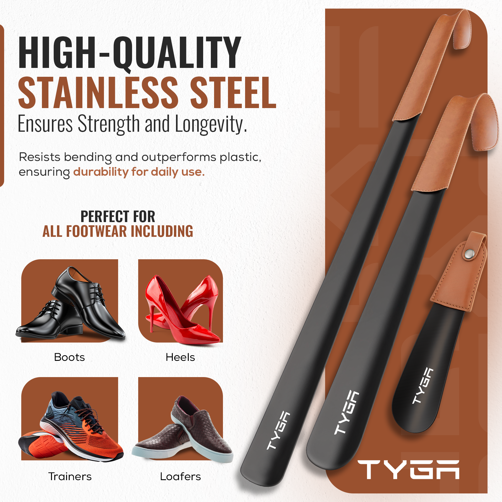 Metal Shoe Horn Set, Short to Extra Long, Leather Strap, 17cm, 42cm & 58cm