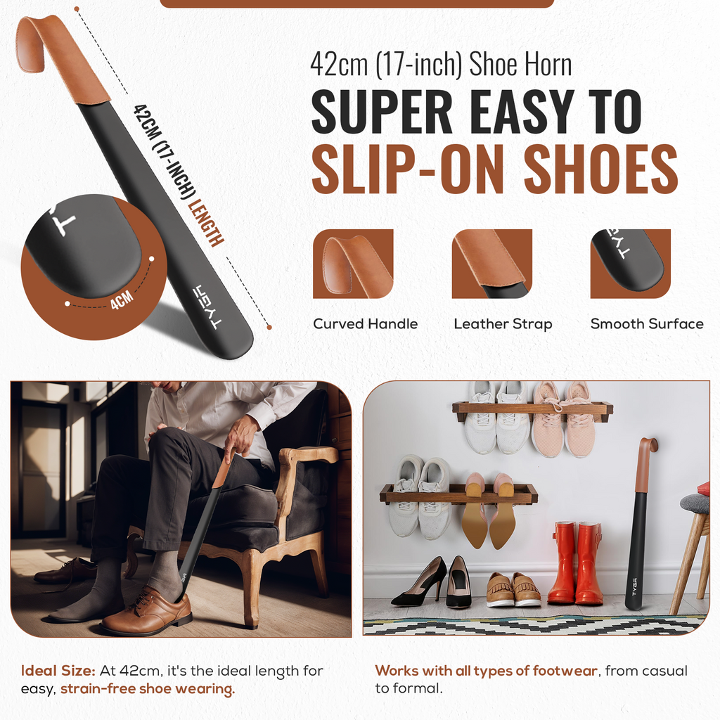 Metal Shoe Horn Set, Short to Extra Long, Leather Strap, 17cm, 42cm & 58cm