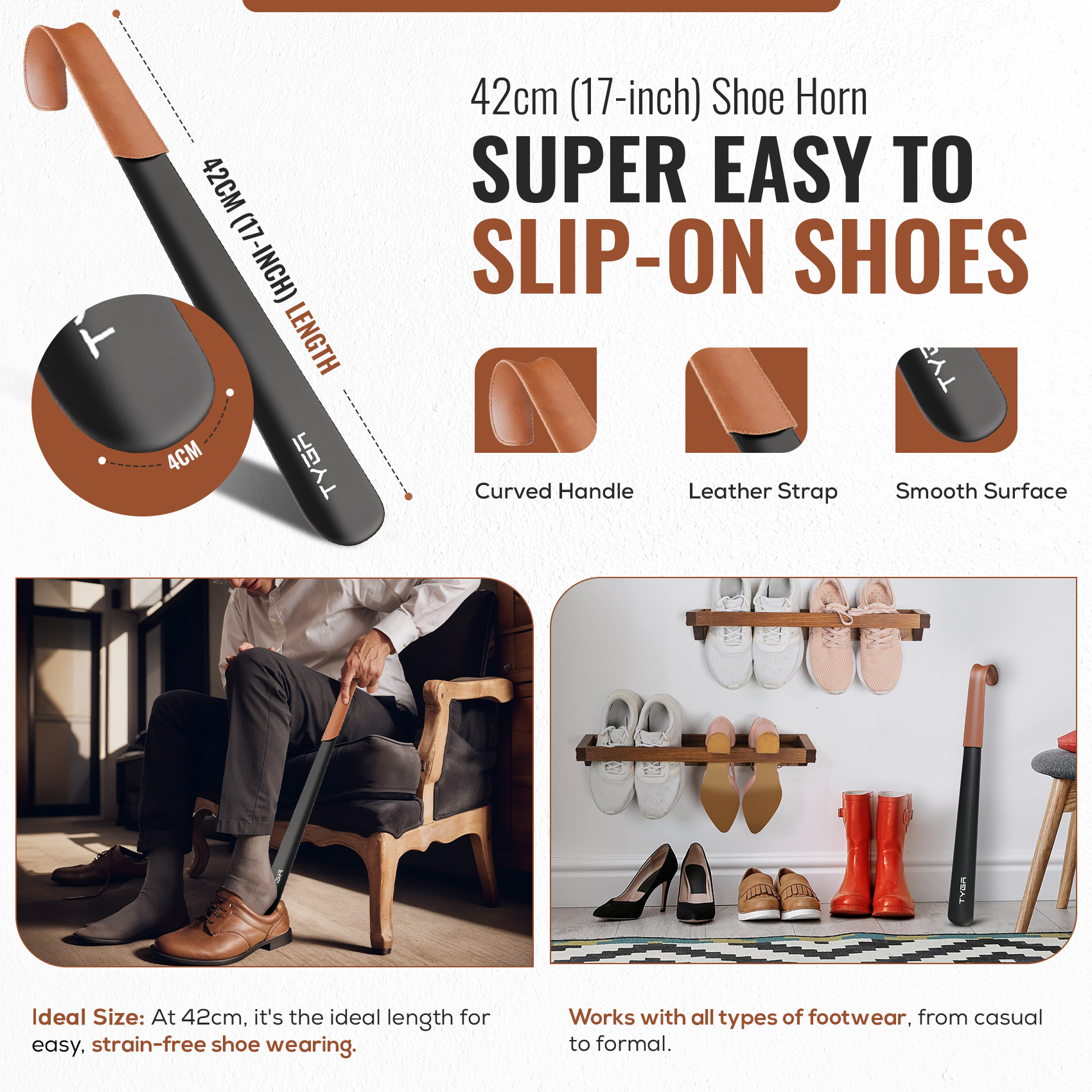 Metal Shoe Horn Set, Short to Extra Long, Leather Strap, 17cm, 42cm & 58cm