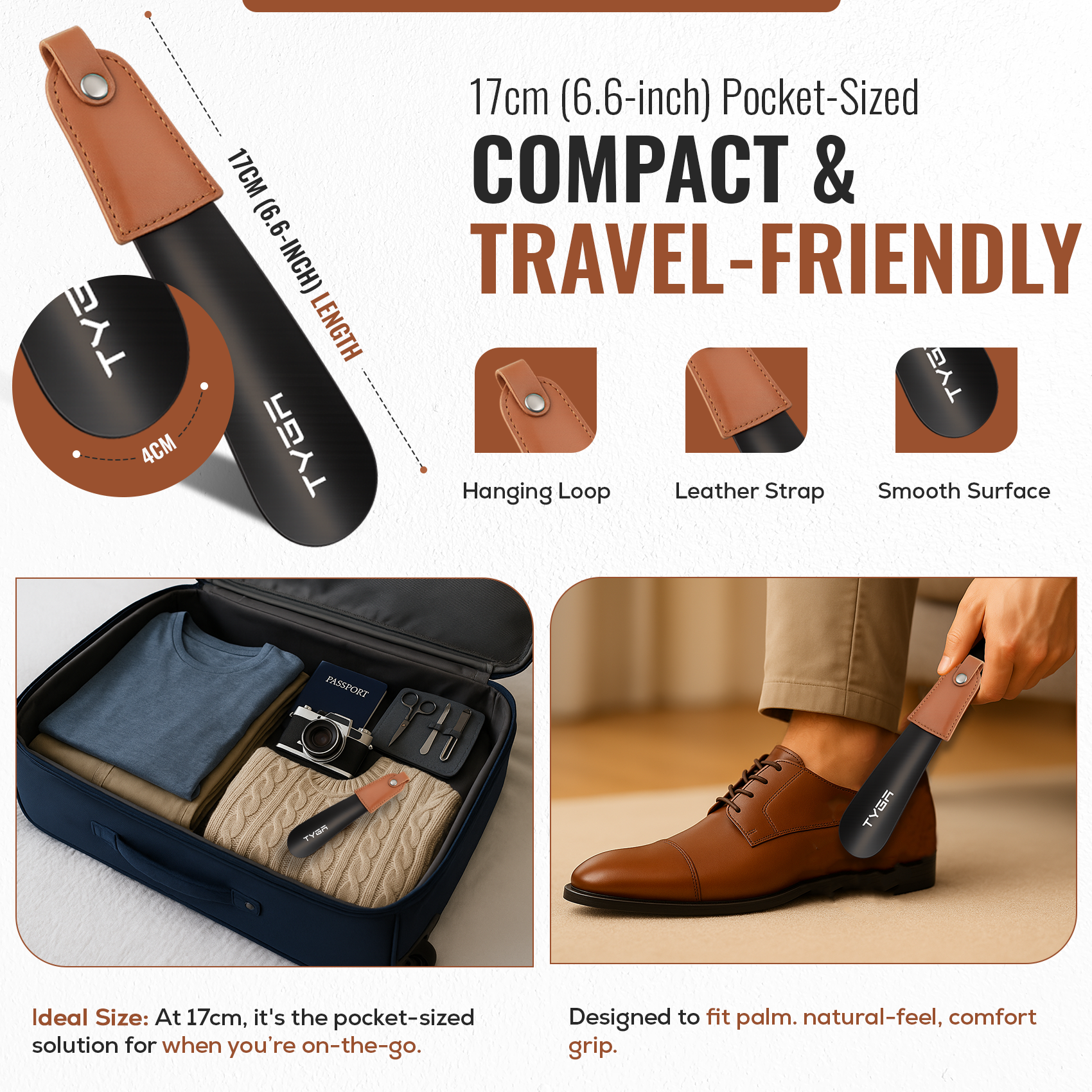 Metal Shoe Horn Set, Short to Extra Long, Leather Strap, 17cm, 42cm & 58cm