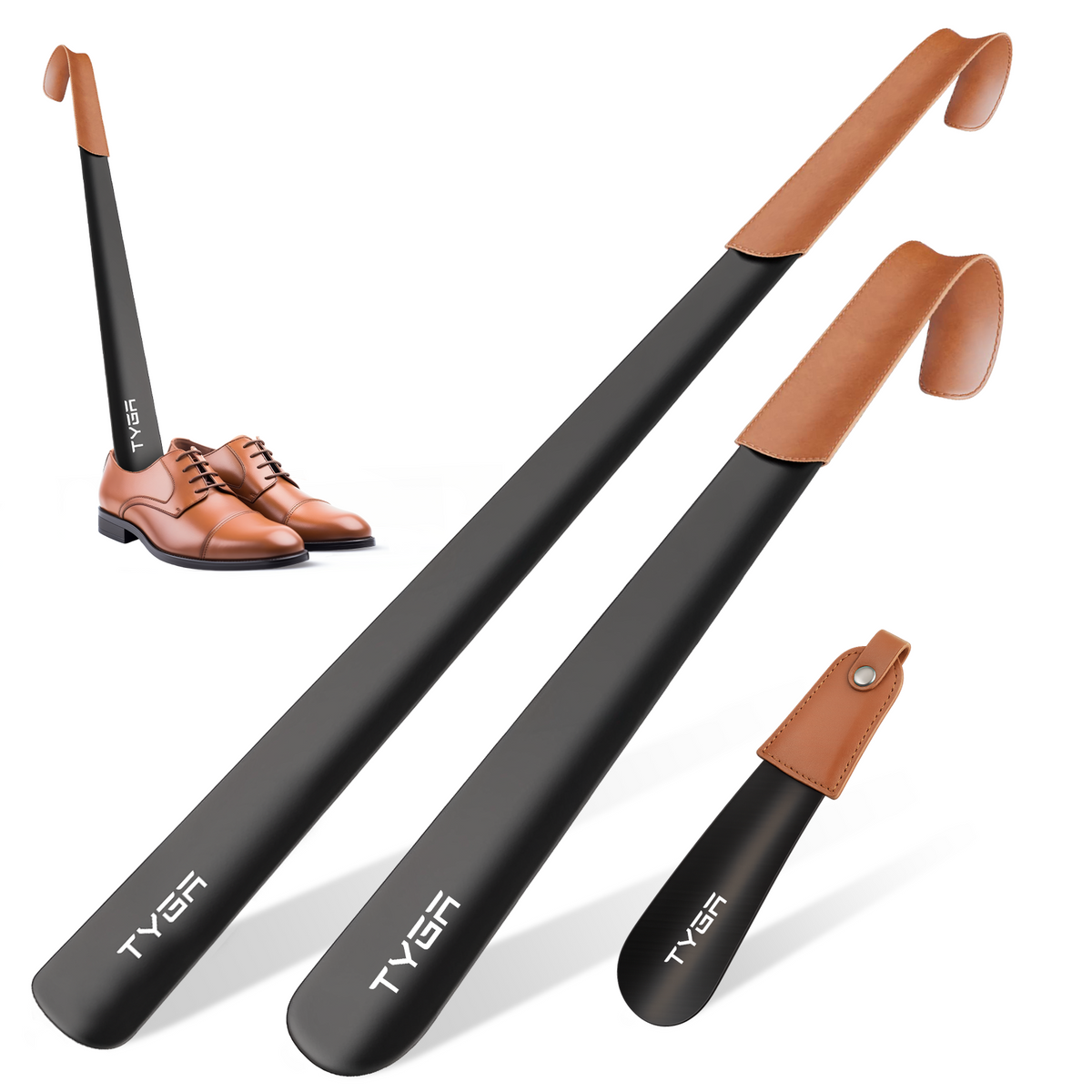 Metal Shoe Horn Set, Short to Extra Long, Leather Strap, 17cm, 42cm & 58cm