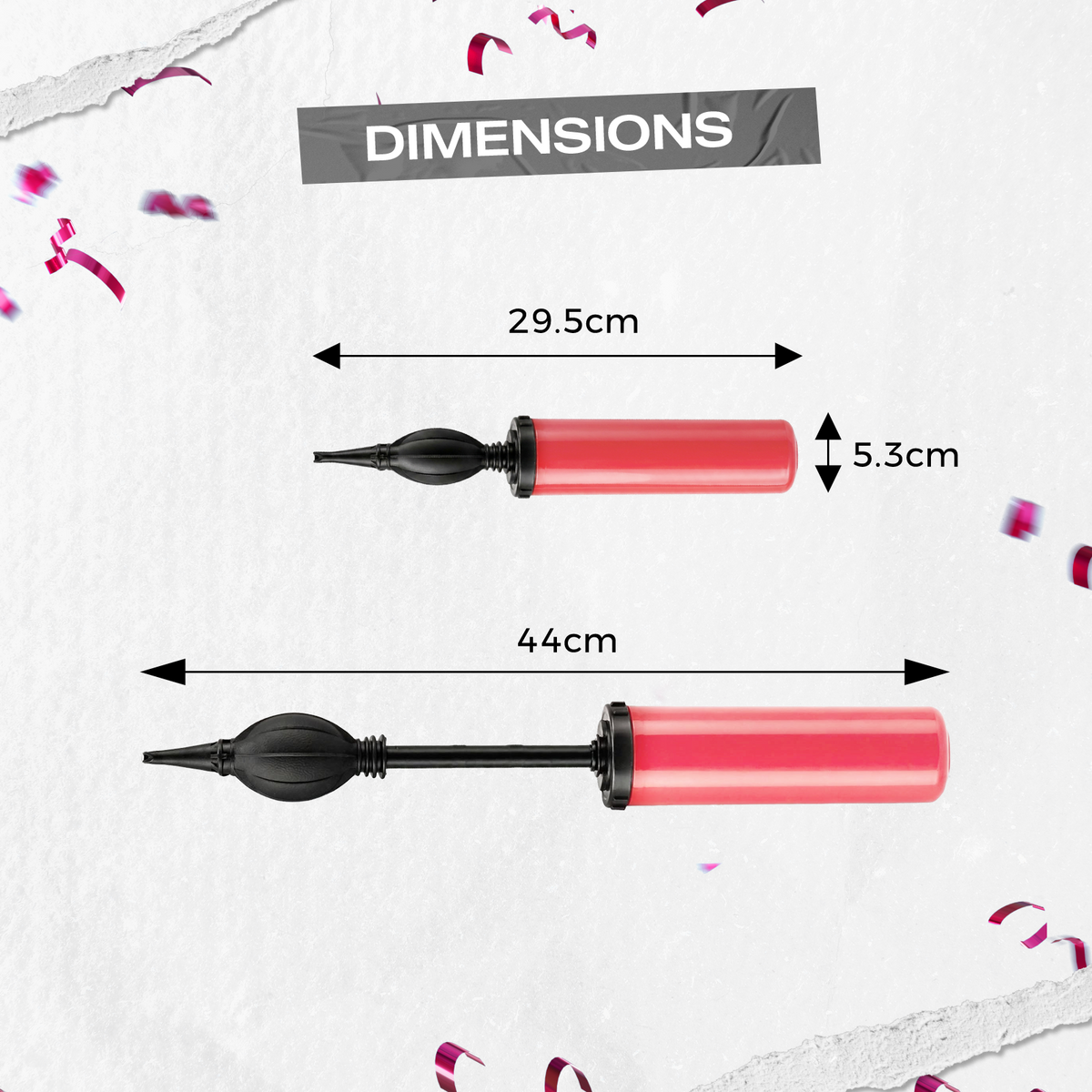 Handheld manual balloon pump with red barrel and black nozzle, length and width shown