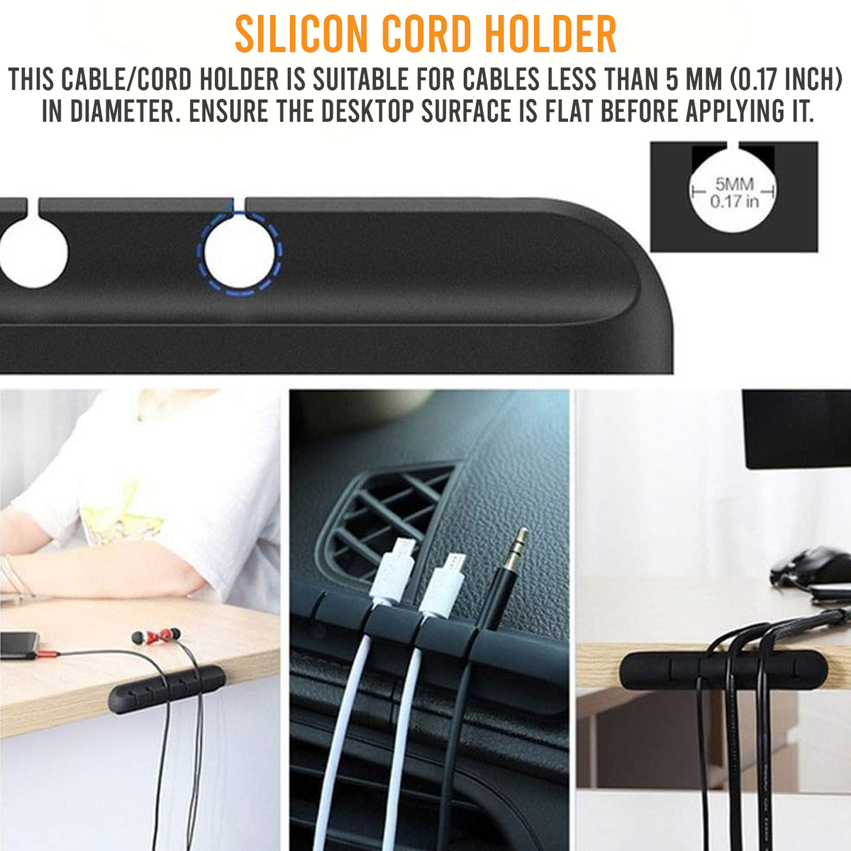 Cable Organiser, 7 Hole Self Adhesive Wire Holder, Black, Pack of 1