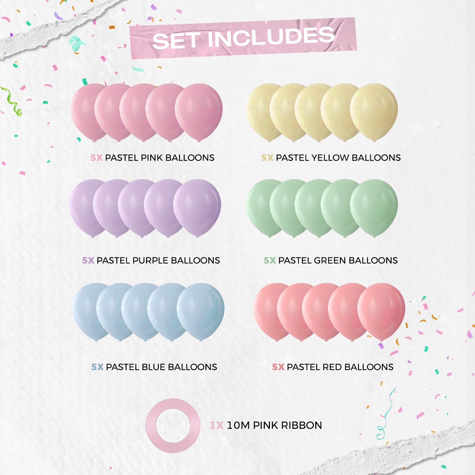 Pastel Latex Balloons with Pink Ribbon, 12 Inch, Pack of 30