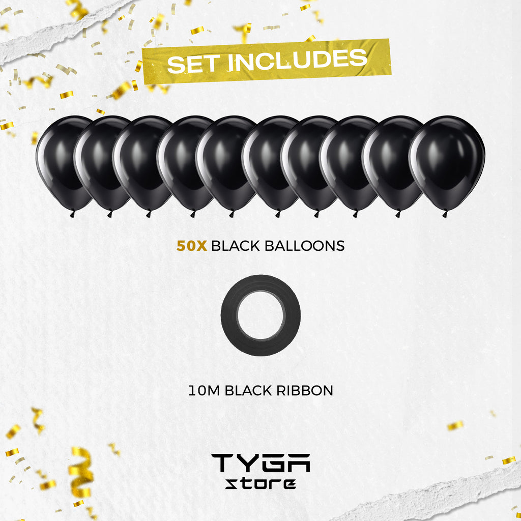 Latex Balloons with Ribbon, Black, 12 Inch, Pack of 50