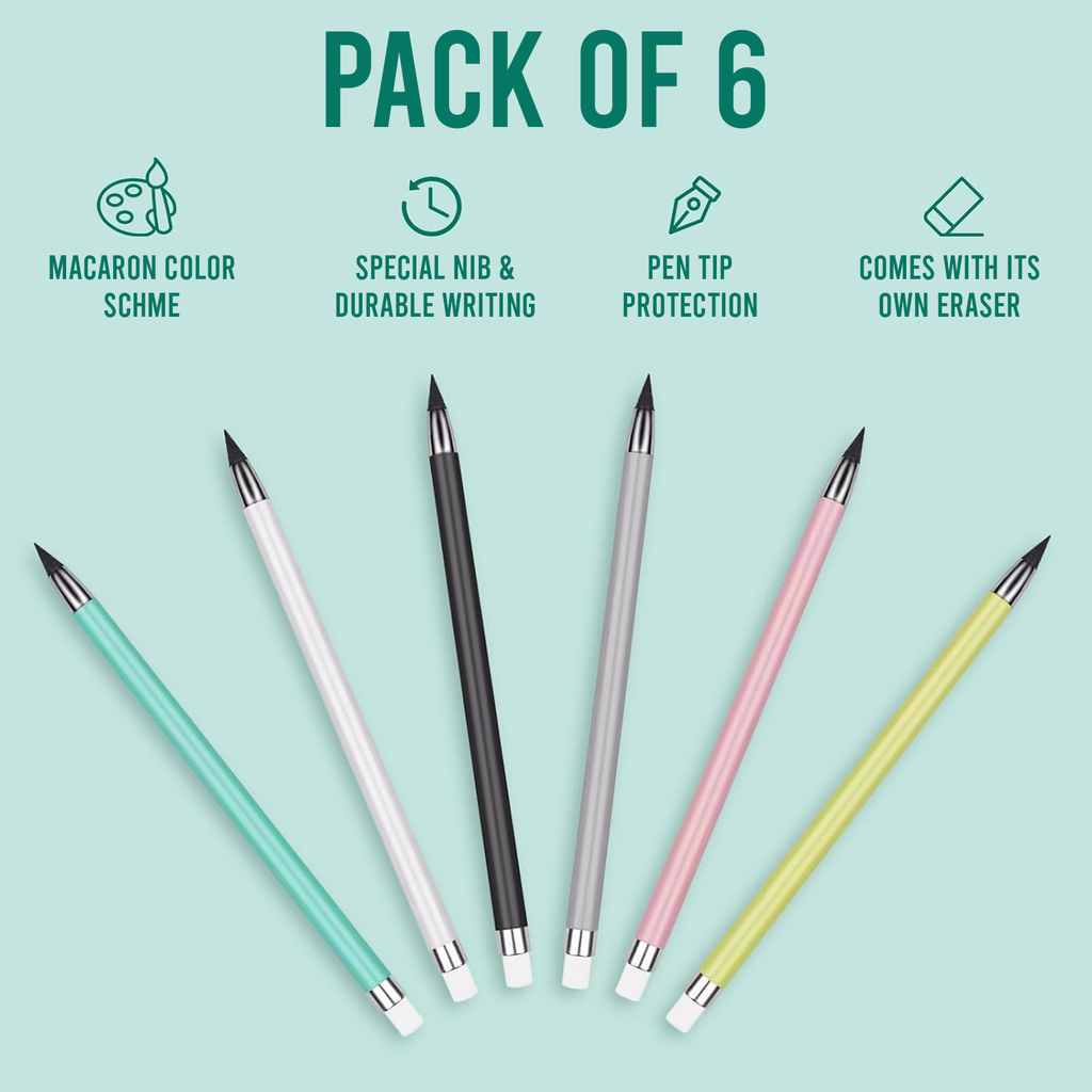 Pencils with Eraser, Reusable Inkless Design, Pack of 6