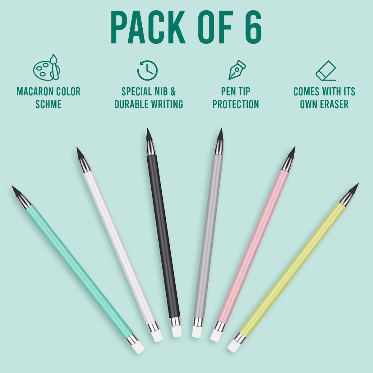 Pencils with Eraser, Reusable Inkless Design, Pack of 6