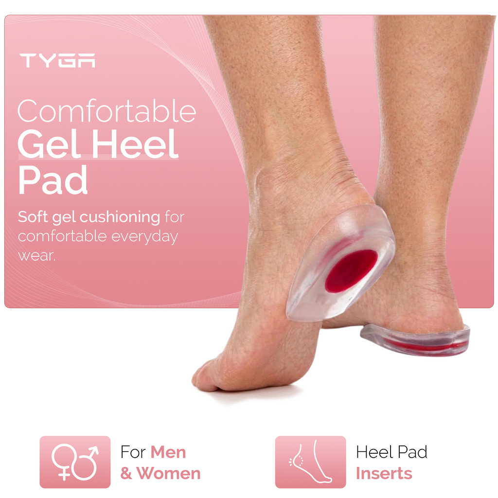Transparent gel heel pad with red cushion insert placed under an ankle