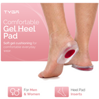 Transparent gel heel pad with red cushion insert placed under an ankle