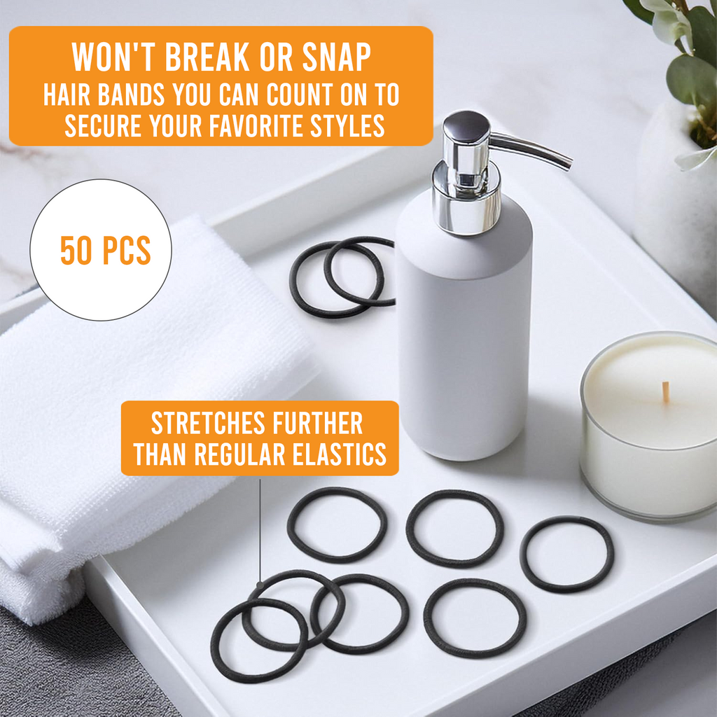 High Elastic Hair Bands, Seamless Soft Hold, Black, Pack of 50