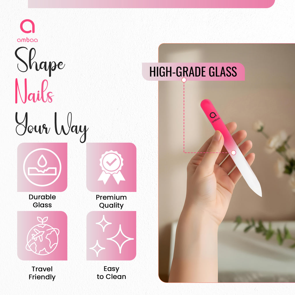 Glass Nail File with Case, Double Sided Precision Filing, Hot Pink