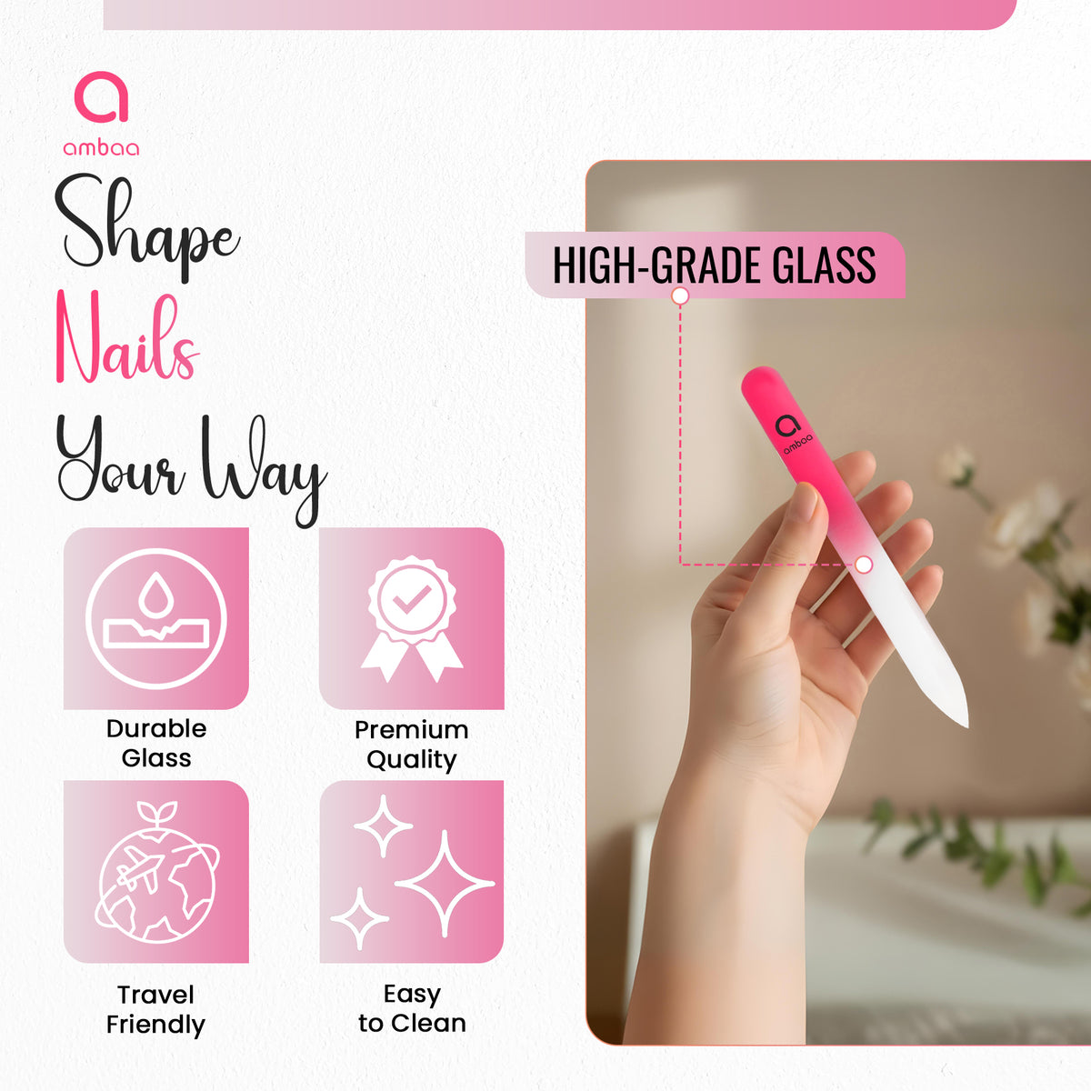 Glass Nail File with Case, Double Sided Precision Filing, Hot Pink
