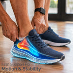 Runner wearing navy shoes with blue-lit cushioned insole underfoot support