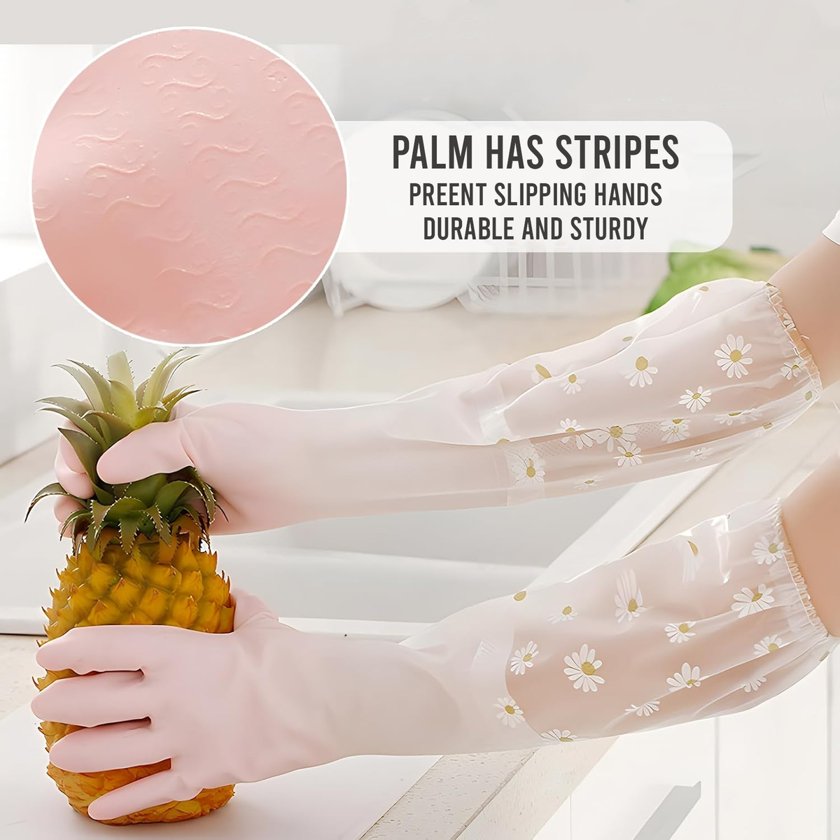 Floral Long Sleeve Rubber Gloves, Reusable & Flexible, 1 Pair