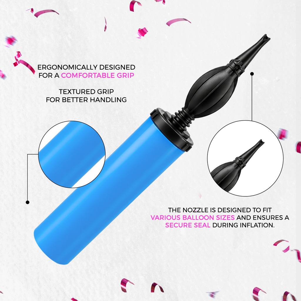 Blue handheld balloon inflator with textured grip and black nozzle for balloon inflation