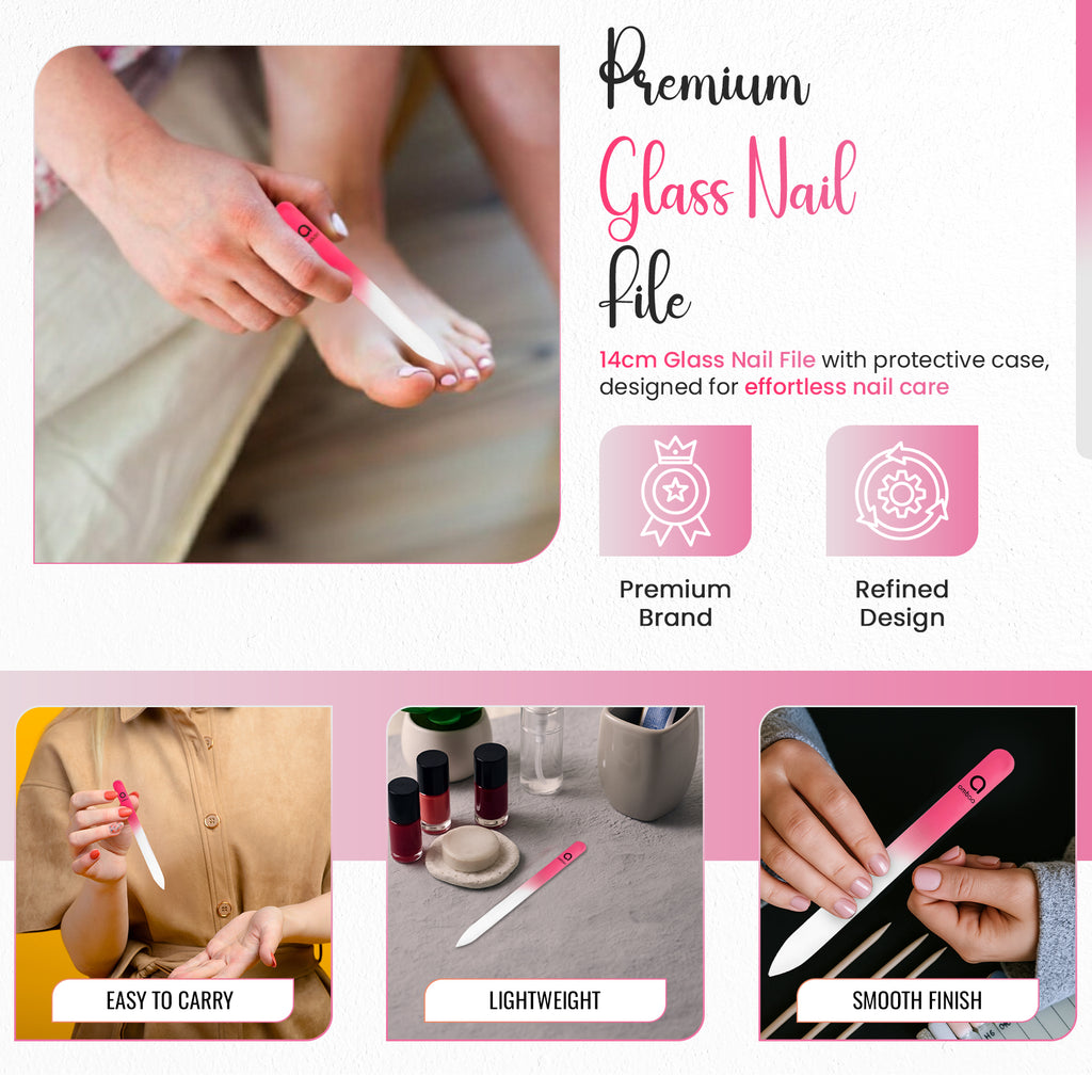 Glass Nail File with Case, Double Sided Precision Filing, Hot Pink