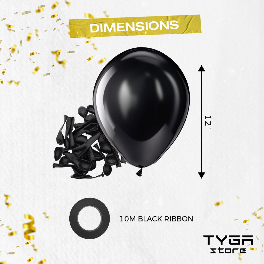 Latex Balloons with Ribbon, Black, 12 Inch, Pack of 50