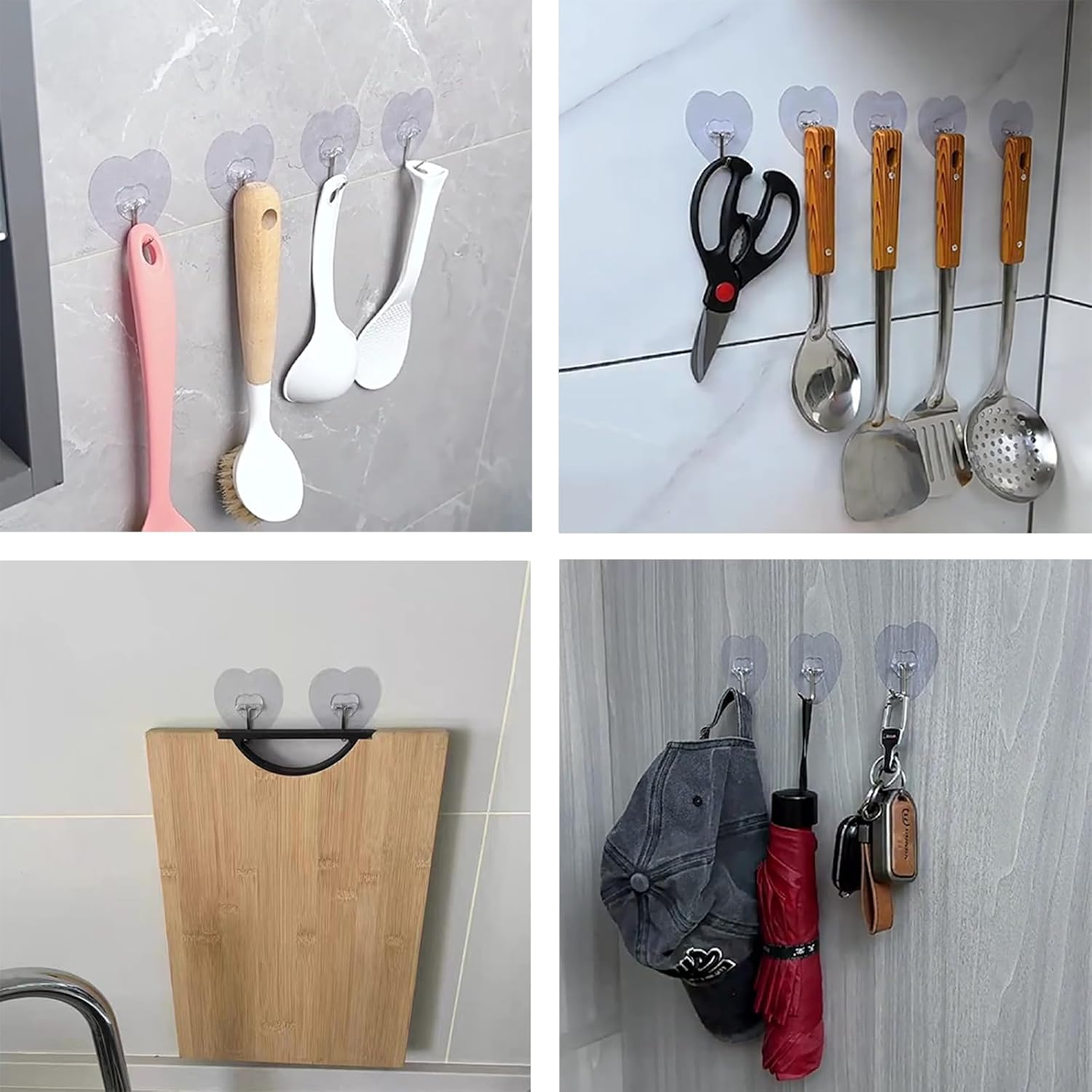 Heart Shaped Adhesive Hooks, Clear Wall Hooks, Pack of 10