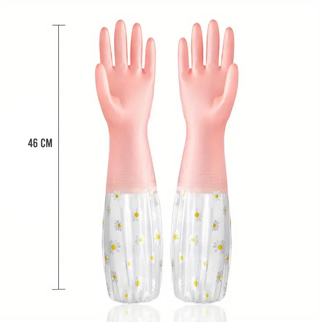 Floral Long Sleeve Rubber Gloves, Reusable & Flexible, 1 Pair