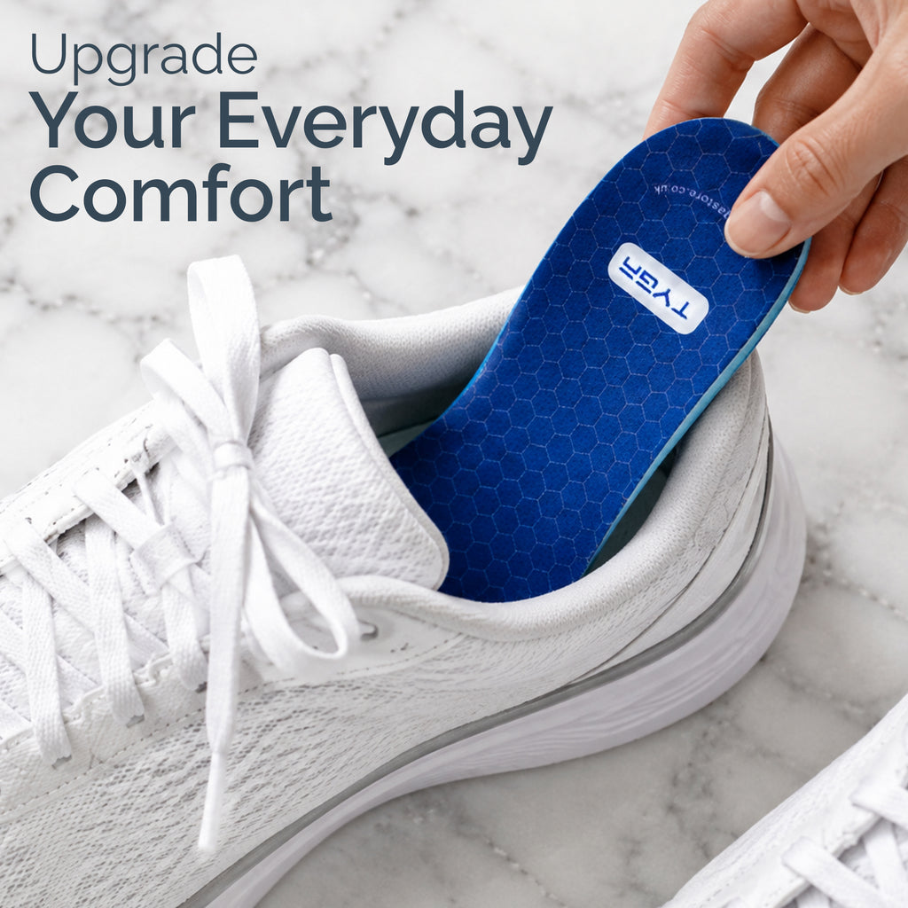 Cushioned insole inserted in a white sneaker, showing blue underside with arch support