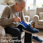 Blue and grey insole being placed into a navy shoe for daily comfort support
