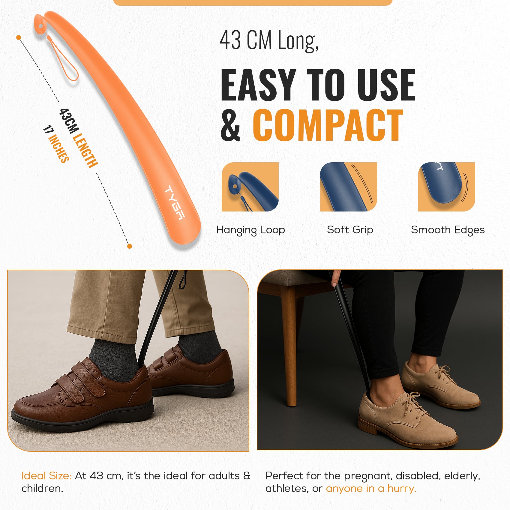 Long Handled Plastic Shoe Horn, Snap Proof, 43cm