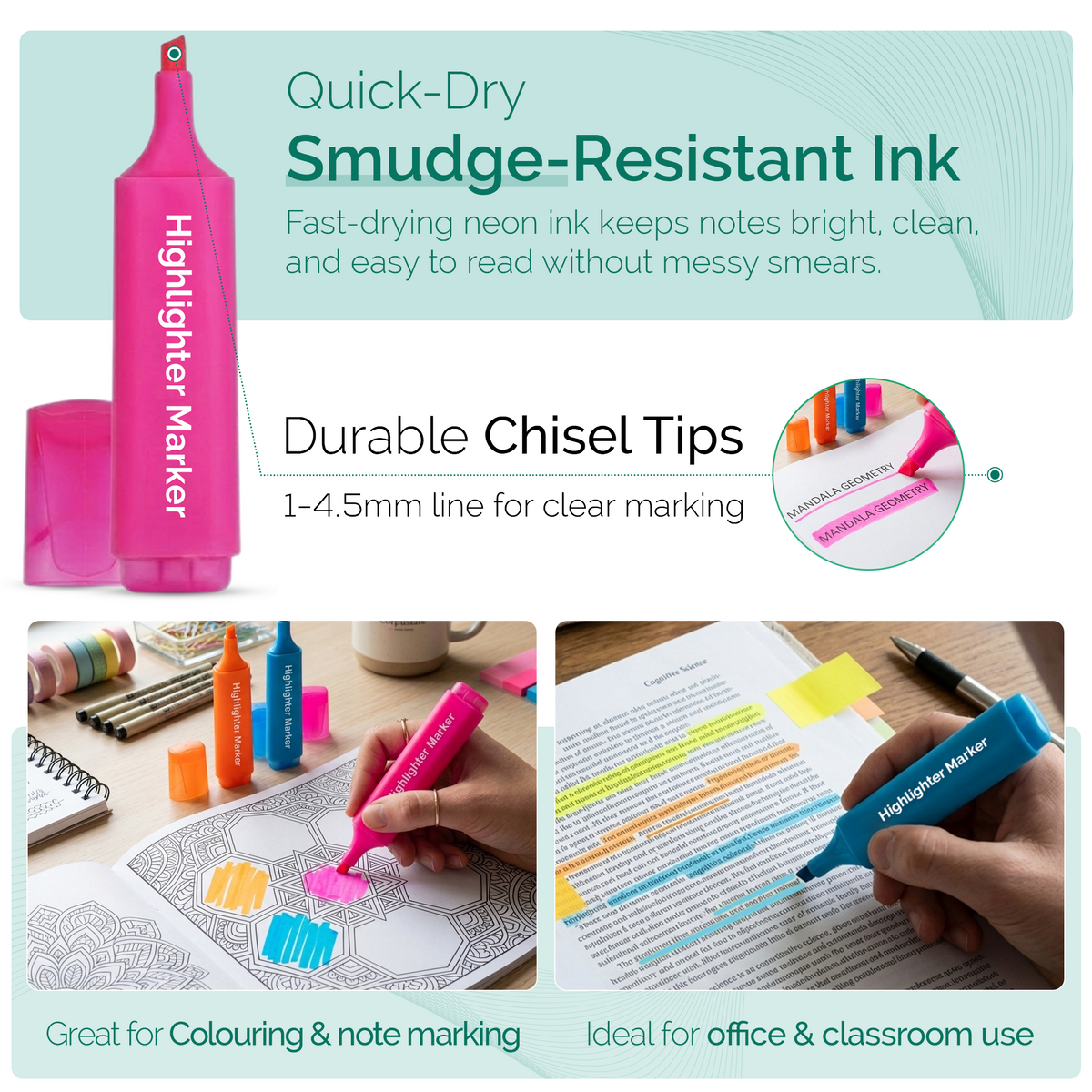 Highlighter Pens, Chisel Tip Assorted Colours, Pack of 4