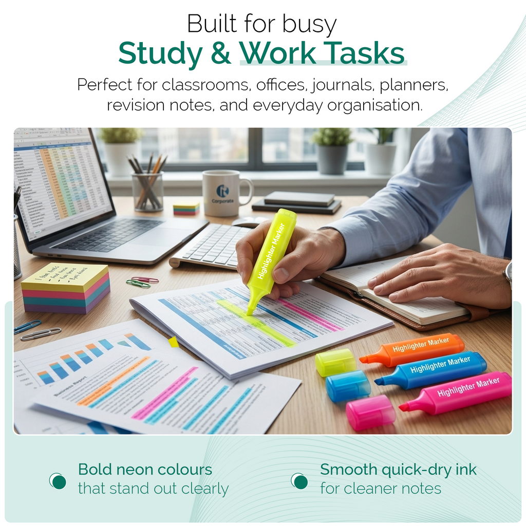 Highlighter Pens, Chisel Tip Assorted Colours, Pack of 4