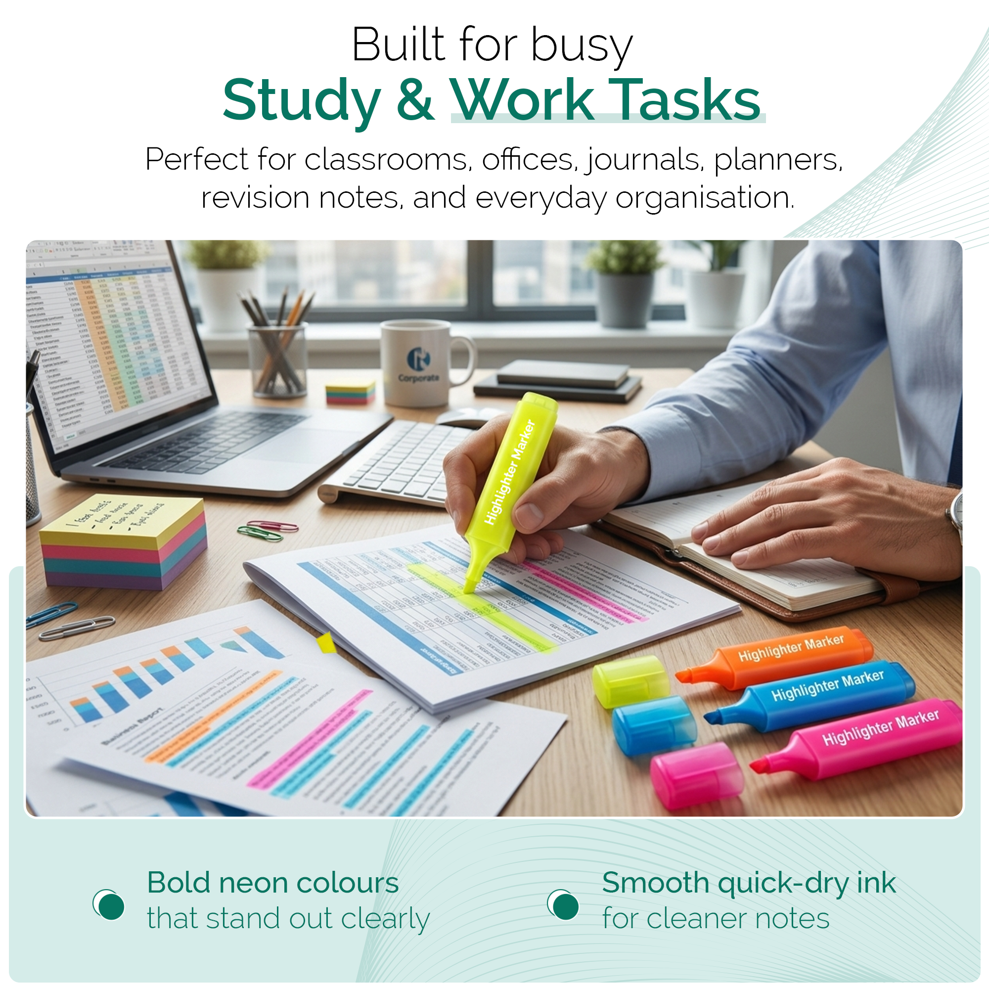 Highlighter Pens, Chisel Tip Assorted Colours, Pack of 4