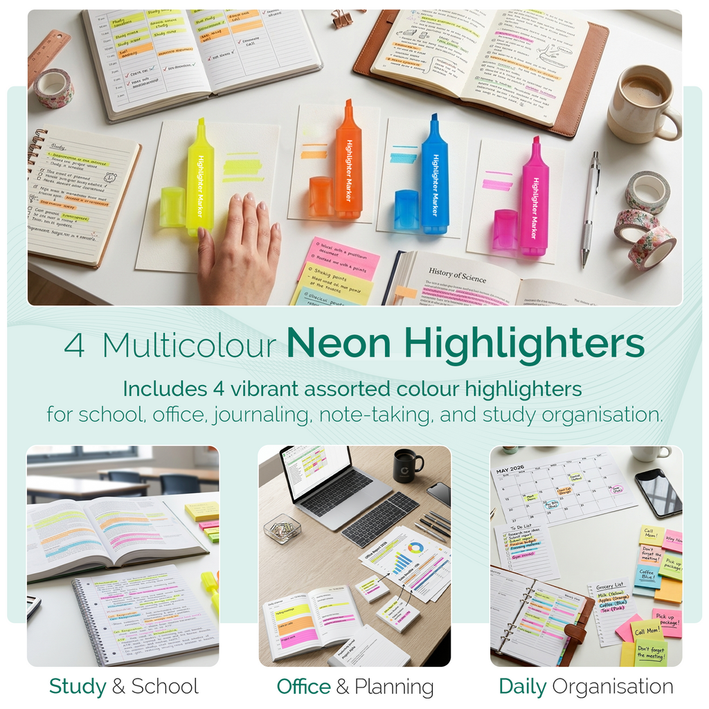 Highlighter Pens, Chisel Tip Assorted Colours, Pack of 4