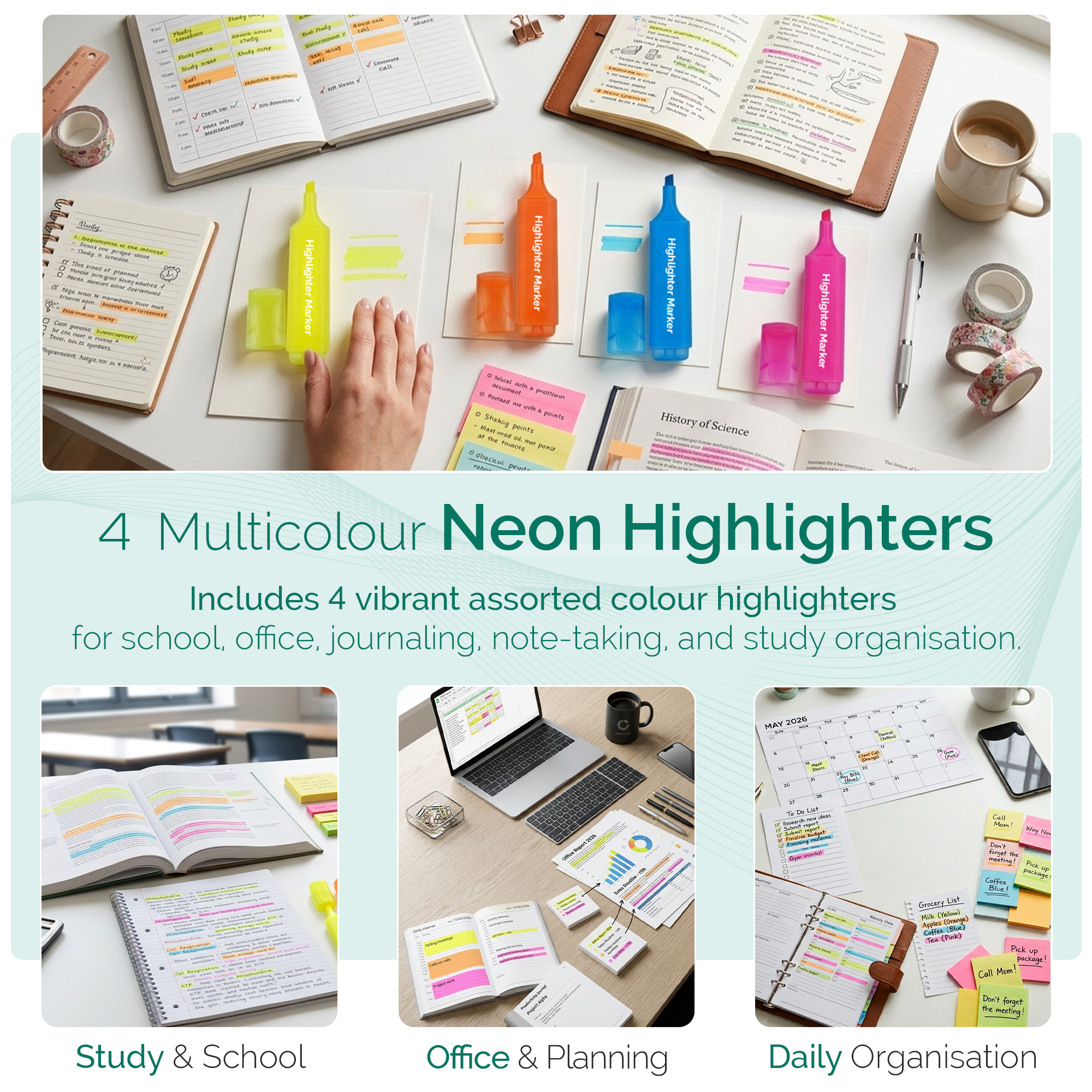 Highlighter Pens, Chisel Tip Assorted Colours, Pack of 4