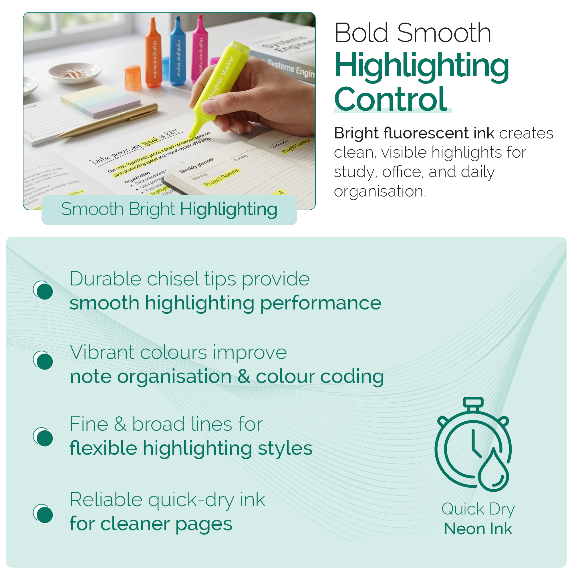 Highlighter Pens, Chisel Tip Assorted Colours, Pack of 4