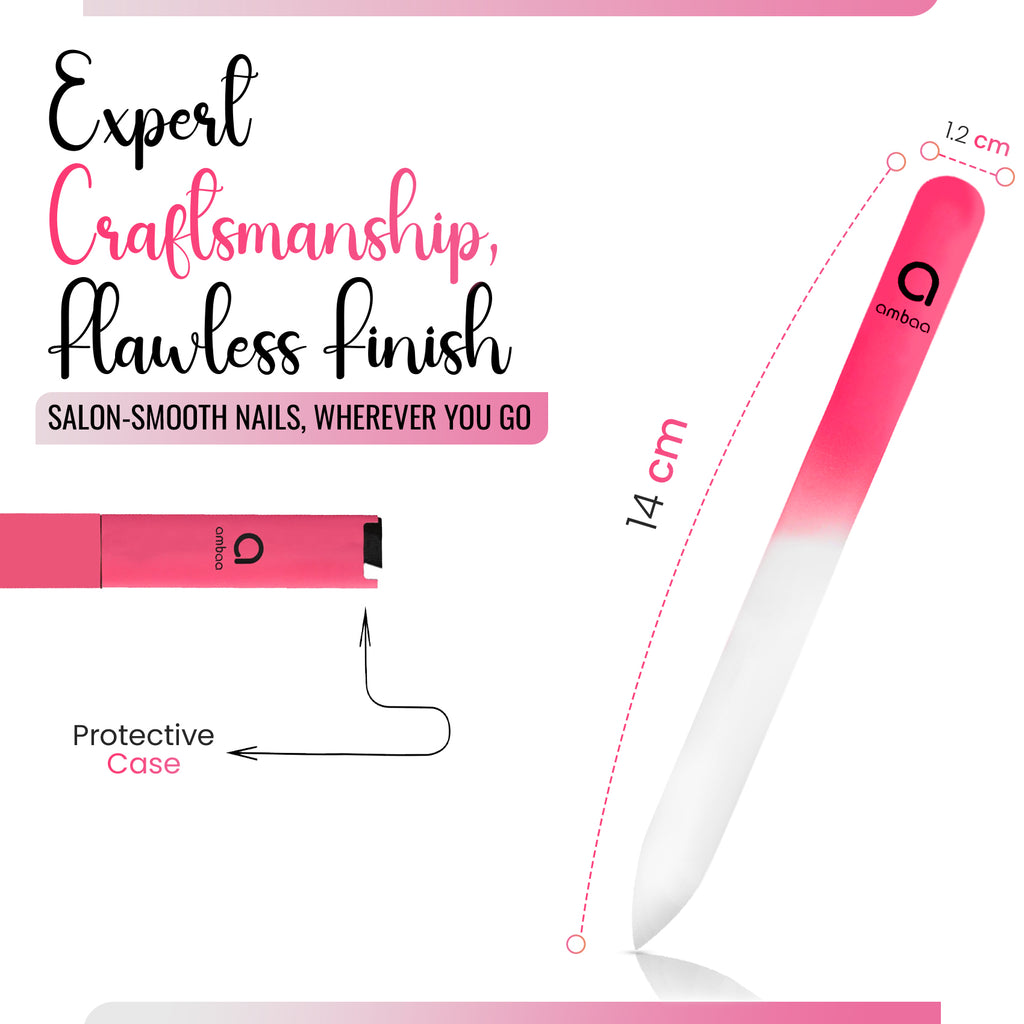Glass Nail File with Case, Double Sided Precision Filing, Hot Pink