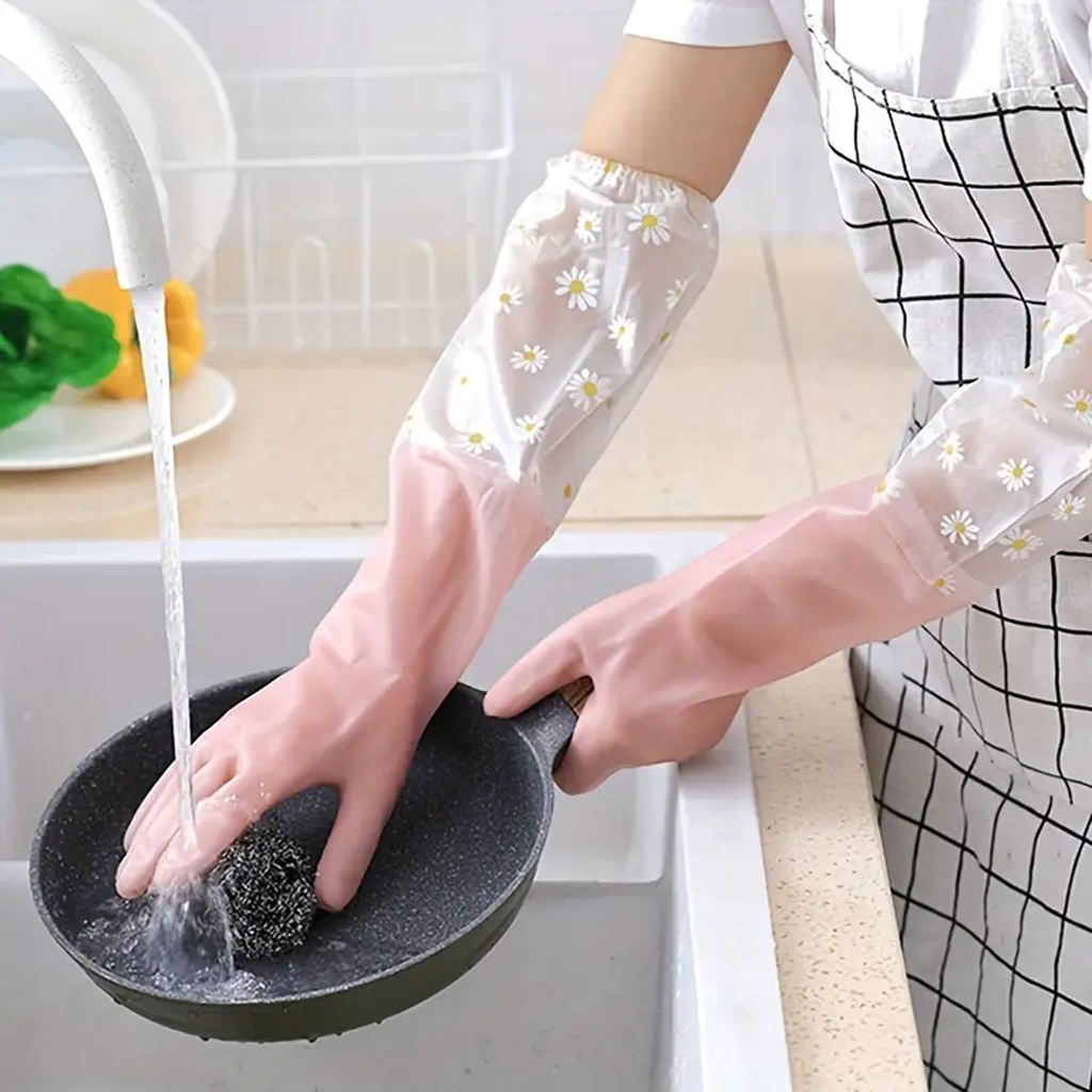 Floral Long Sleeve Rubber Gloves, Reusable & Flexible, 1 Pair