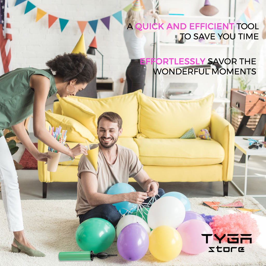 Handheld manual balloon pump inflating party balloons at a living-room celebration