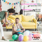 Handheld manual balloon pump inflating party balloons at a living-room celebration