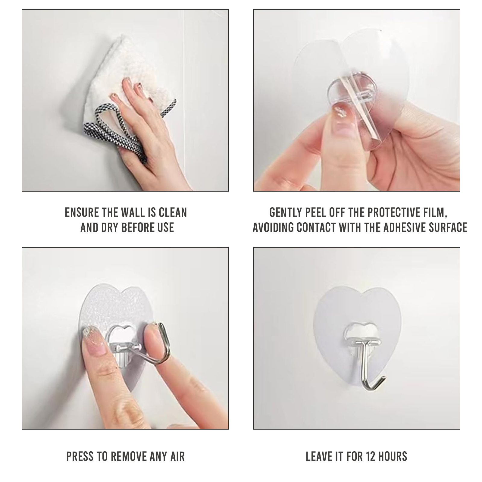 Heart Shaped Adhesive Hooks, Clear Wall Hooks, Pack of 10