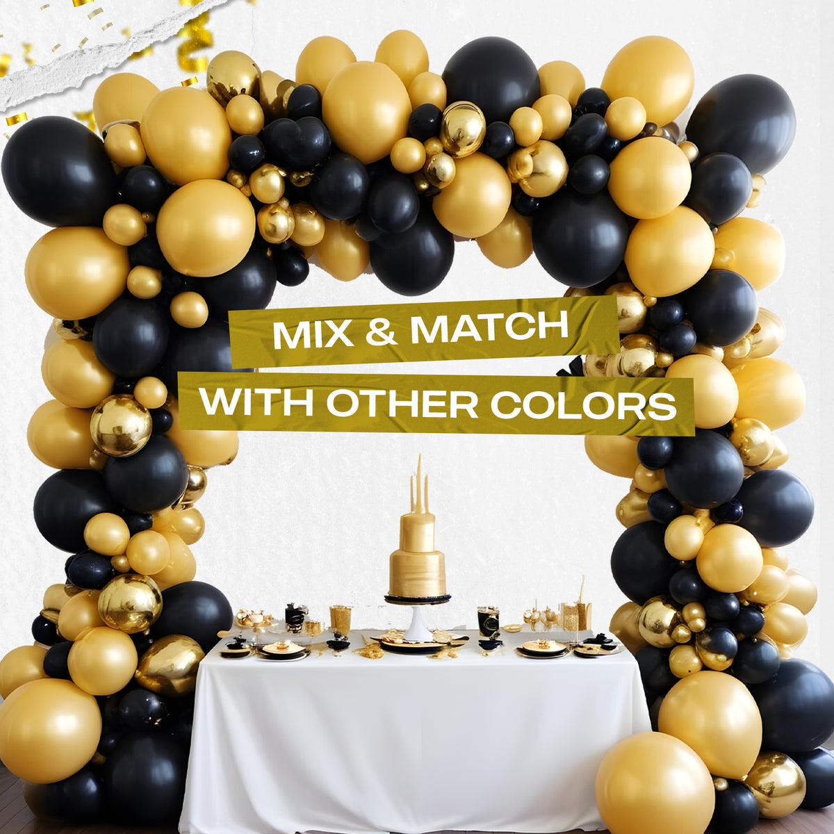 Latex Balloons with Ribbon, Black, 12 Inch, Pack of 50