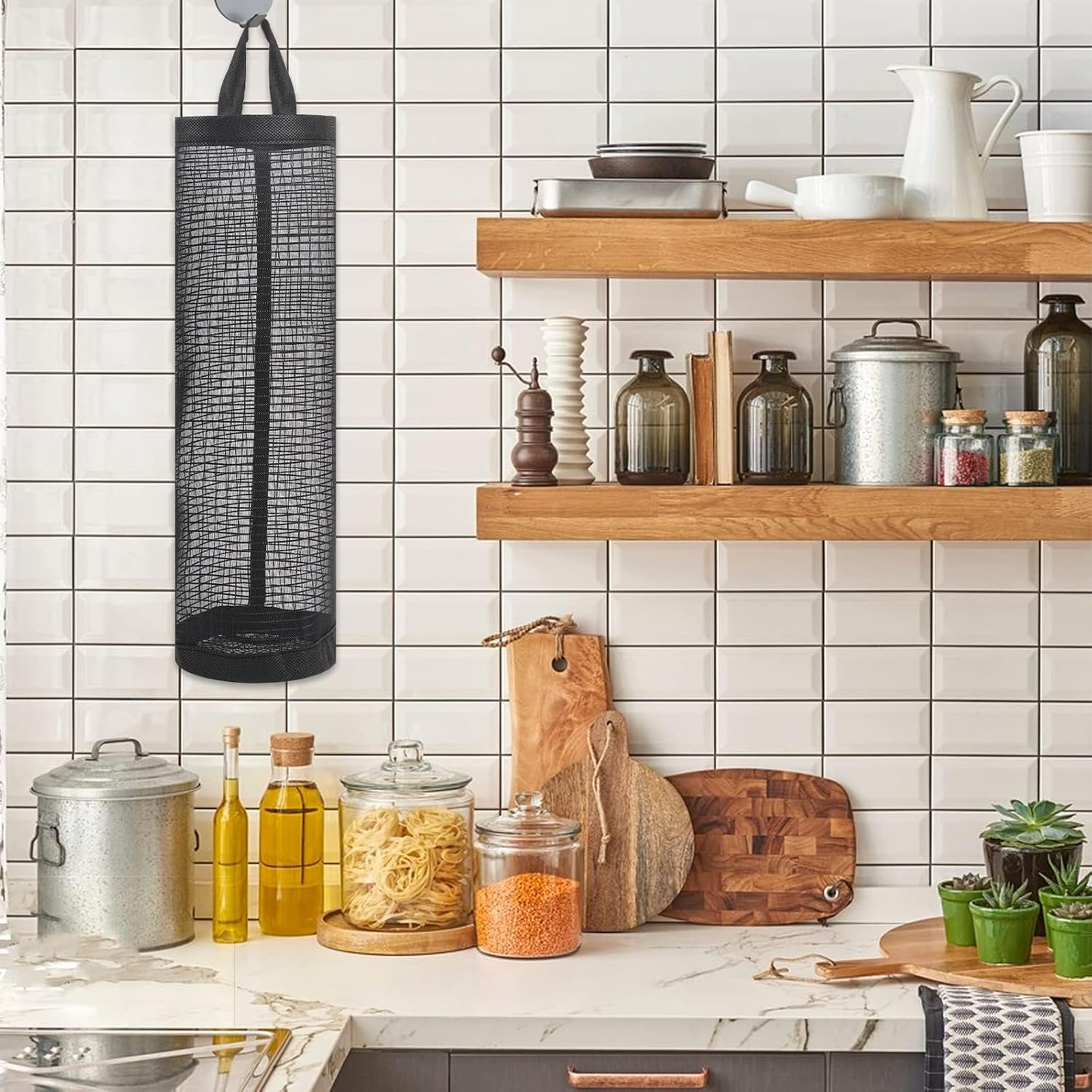 Wall Mounted Foldable Plastic Bag Holder, Reusable Storage Rack, Black, Pack of 1