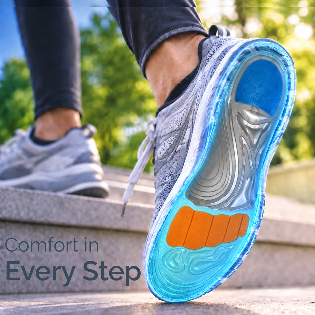 Blue and grey insole insert shown under a walking shoe on a step surface