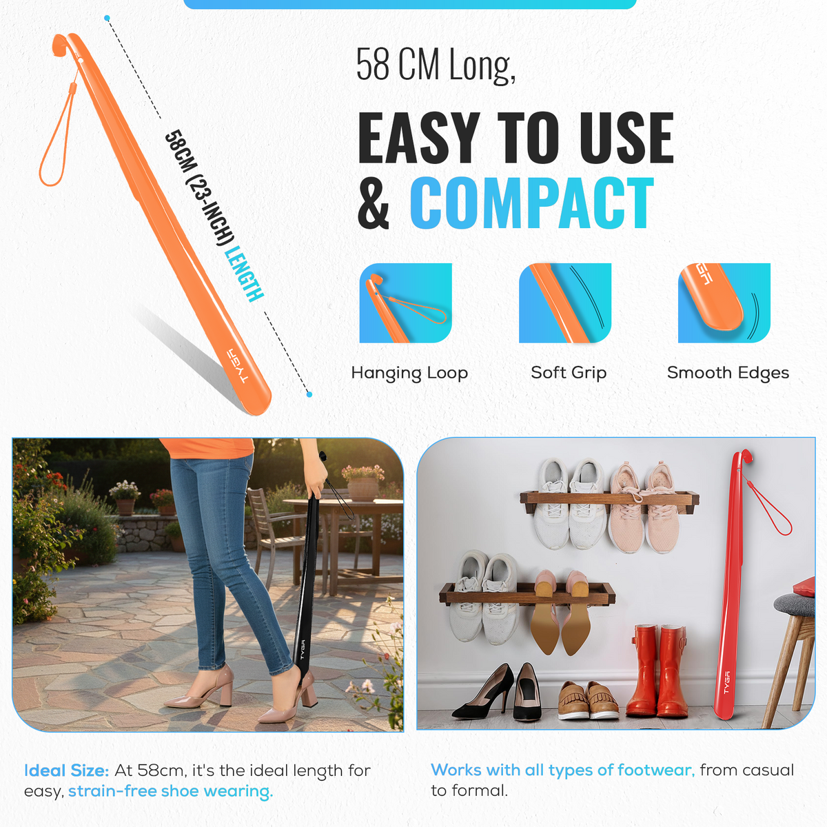 Extra Long Shoe Horn, Comfortable Handle, 58cm