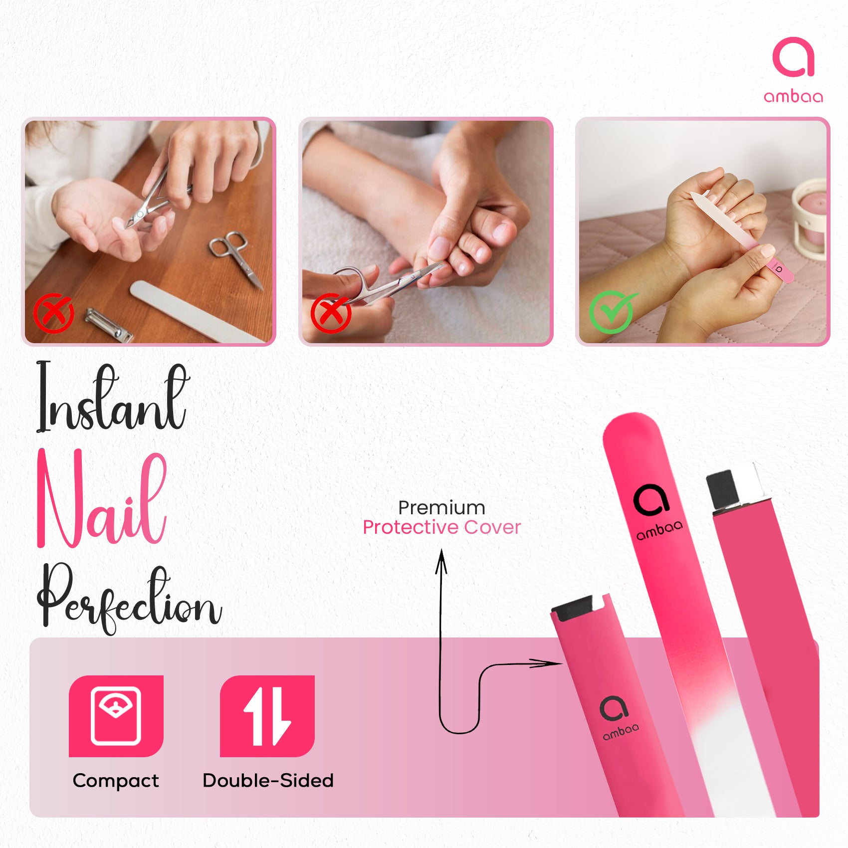 Glass Nail File with Case, Double Sided Precision Filing, Hot Pink